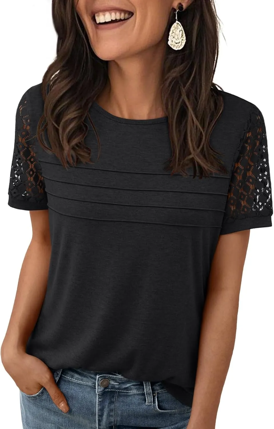 LILLUSORY Short Sleeve Shirts for Women Summer Tops 2025 Spring Lace Dressy Casual Top Cute T-Shirt Work Outfits Blouses