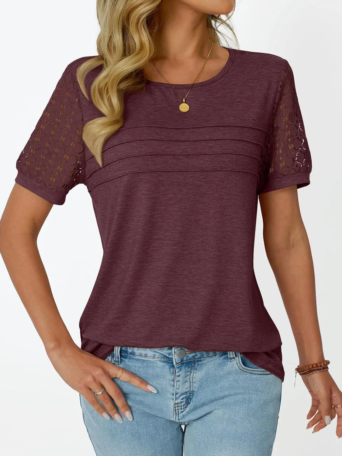 LILLUSORY Short Sleeve Shirts for Women Summer Tops 2025 Spring Lace Dressy Casual Top Cute T-Shirt Work Outfits Blouses