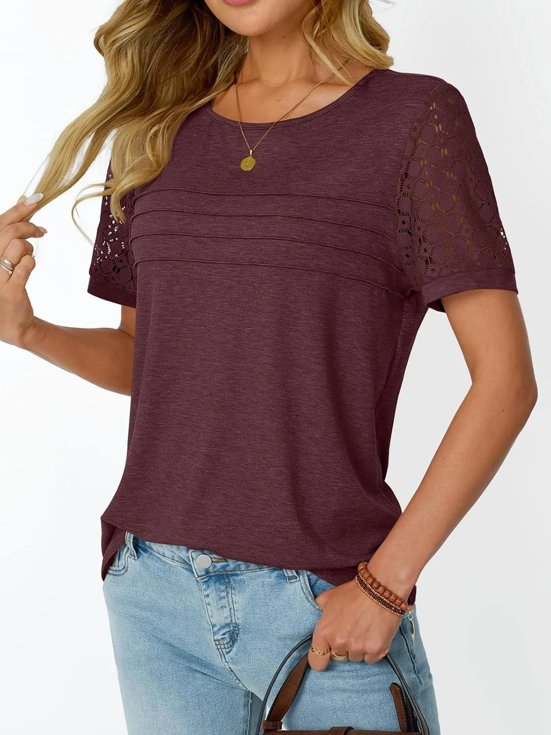 LILLUSORY Short Sleeve Shirts for Women Summer Tops 2025 Spring Lace Dressy Casual Top Cute T-Shirt Work Outfits Blouses