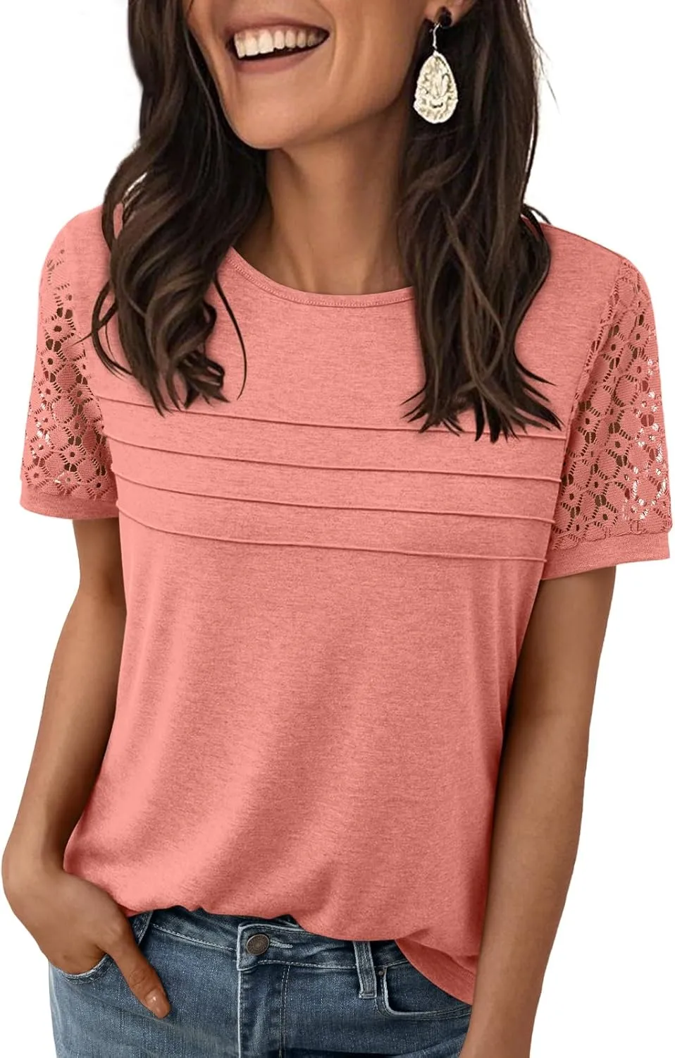 LILLUSORY Short Sleeve Shirts for Women Summer Tops 2025 Spring Lace Dressy Casual Top Cute T-Shirt Work Outfits Blouses