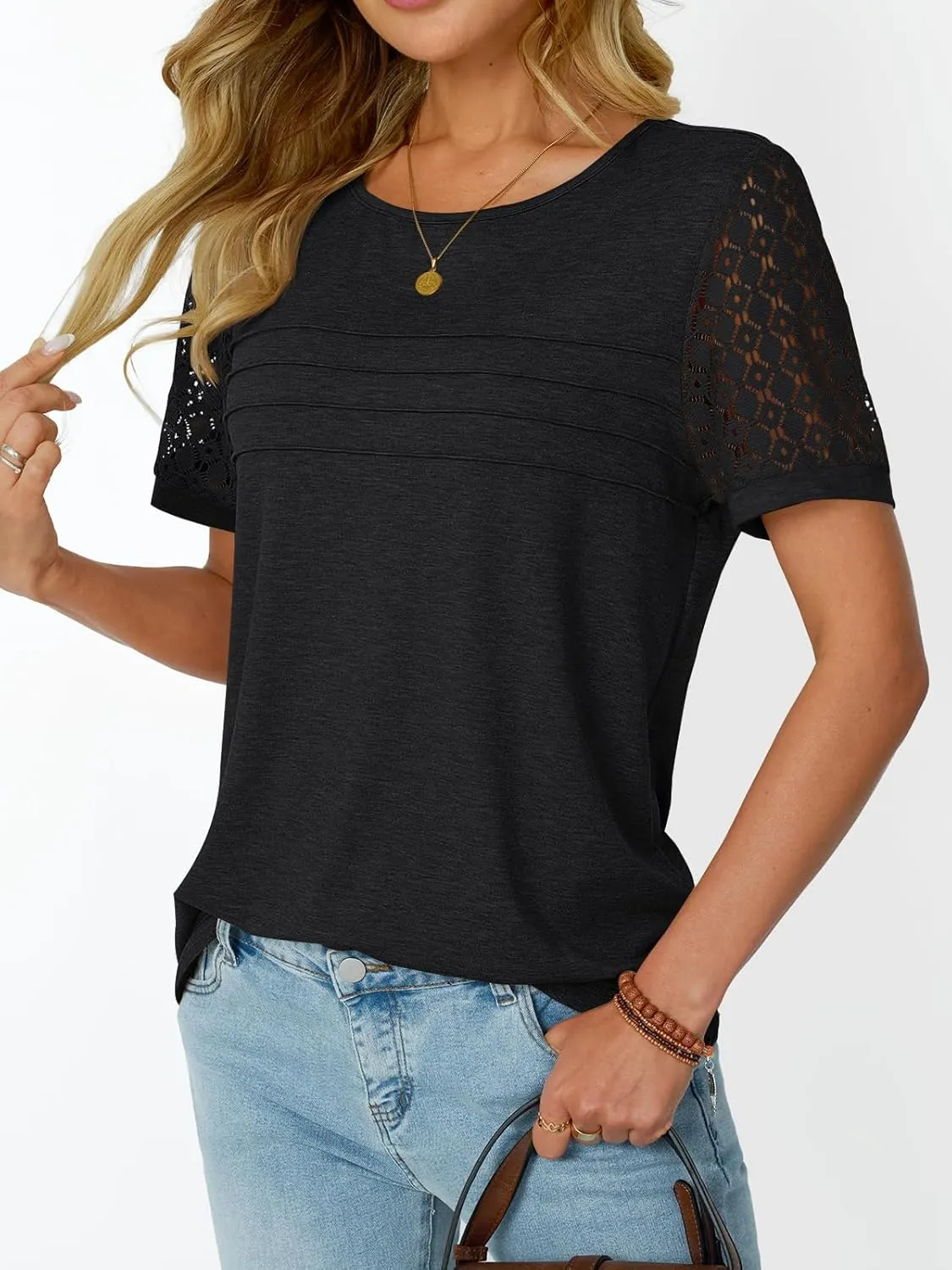 LILLUSORY Short Sleeve Shirts for Women Summer Tops 2025 Spring Lace Dressy Casual Top Cute T-Shirt Work Outfits Blouses