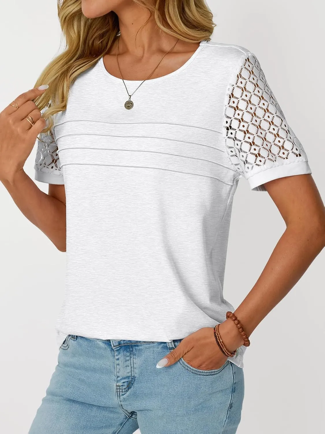 LILLUSORY Short Sleeve Shirts for Women Summer Tops 2025 Spring Lace Dressy Casual Top Cute T-Shirt Work Outfits Blouses