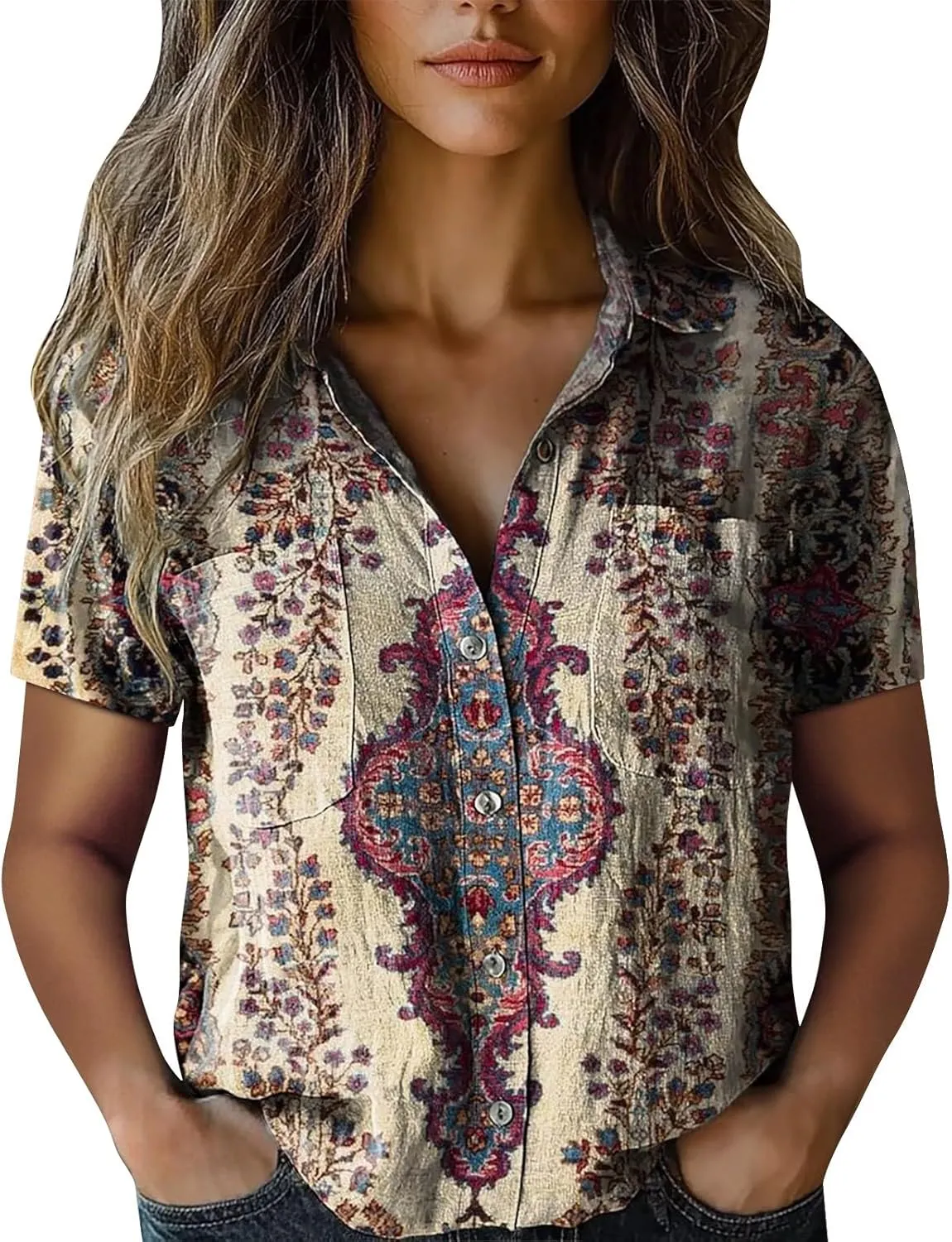 Linen Boho Tops for Women Boho Tops for Women Hippie Summer Short Sleeve Button Up Blouses Short Sleeve Shirts