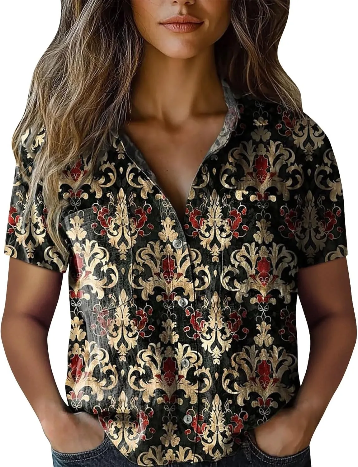 Linen Boho Tops for Women Boho Tops for Women Hippie Summer Short Sleeve Button Up Blouses Short Sleeve Shirts