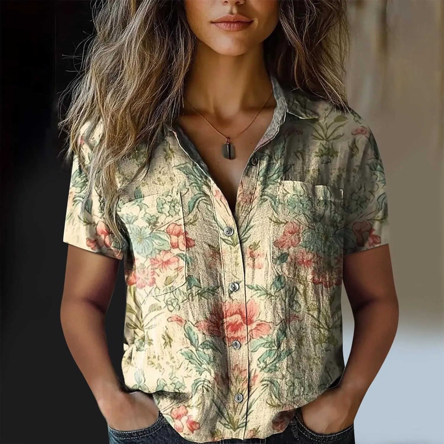 Linen Boho Tops for Women Boho Tops for Women Hippie Summer Short Sleeve Button Up Blouses Short Sleeve Shirts