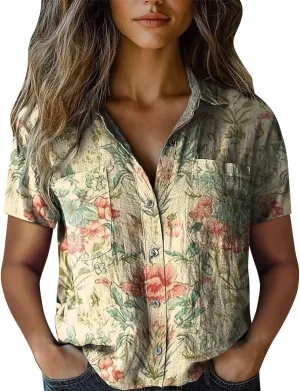 Linen Boho Tops for Women Boho Tops for Women Hippie Summer Short Sleeve Button Up Blouses Short Sleeve Shirts