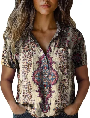 Linen Boho Tops for Women Boho Tops for Women Hippie Summer Short Sleeve Button Up Blouses Short Sleeve Shirts