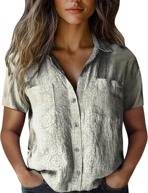 Linen Boho Tops for Women Boho Tops for Women Hippie Summer Short Sleeve Button Up Blouses Short Sleeve Shirts