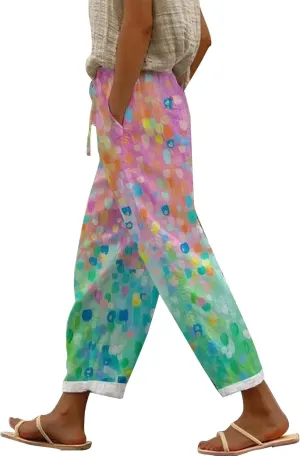 Linen Capris Pants for Women High Waisted Drawstring Capri Boho Printed Wide Leg Cropped Trousers with Pockets
