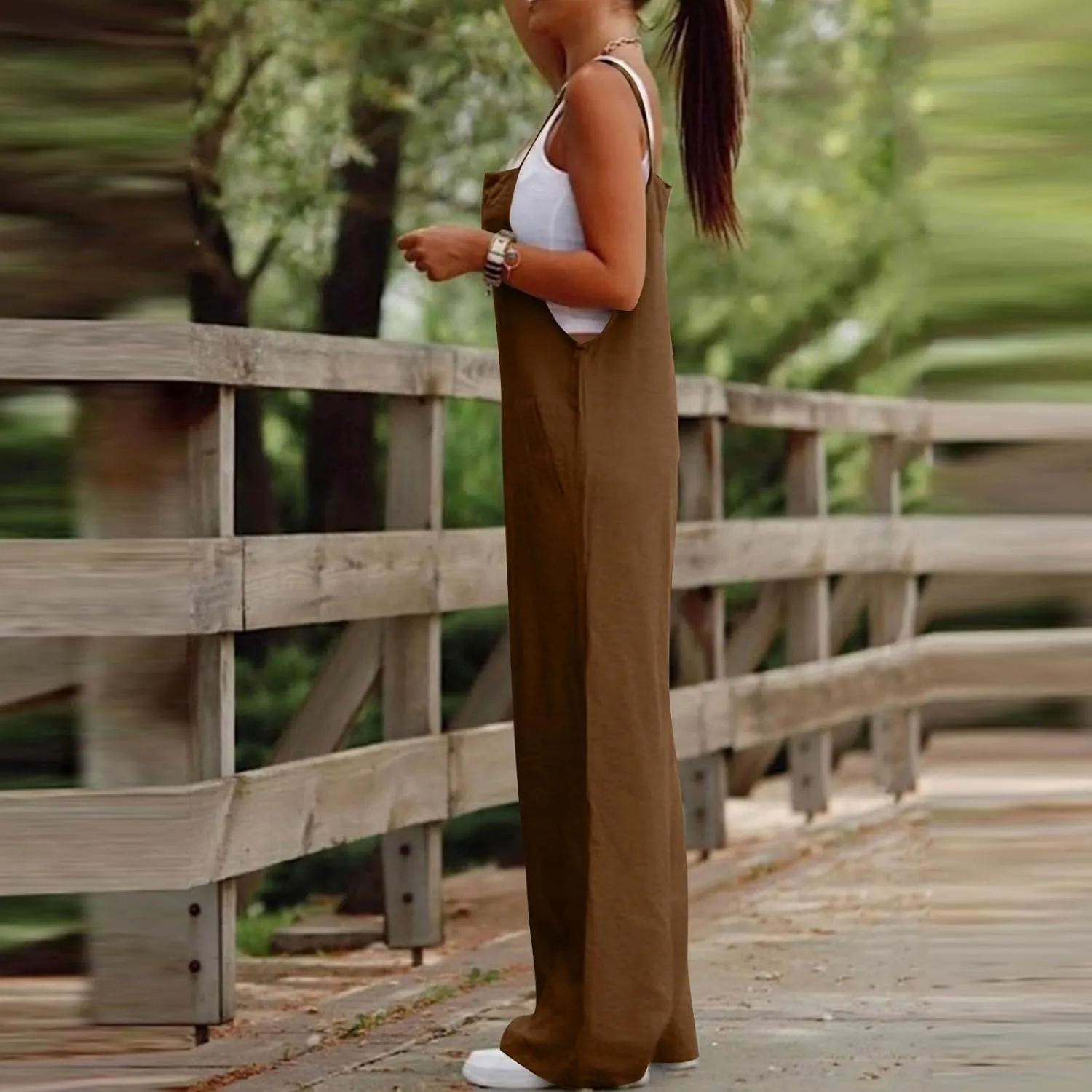 Linen Jumpsuits for Women Adjustable Strap Maternity Jumpsuit Baggy Lightweight Wide Leg One Piece Jumpsuits Pockets