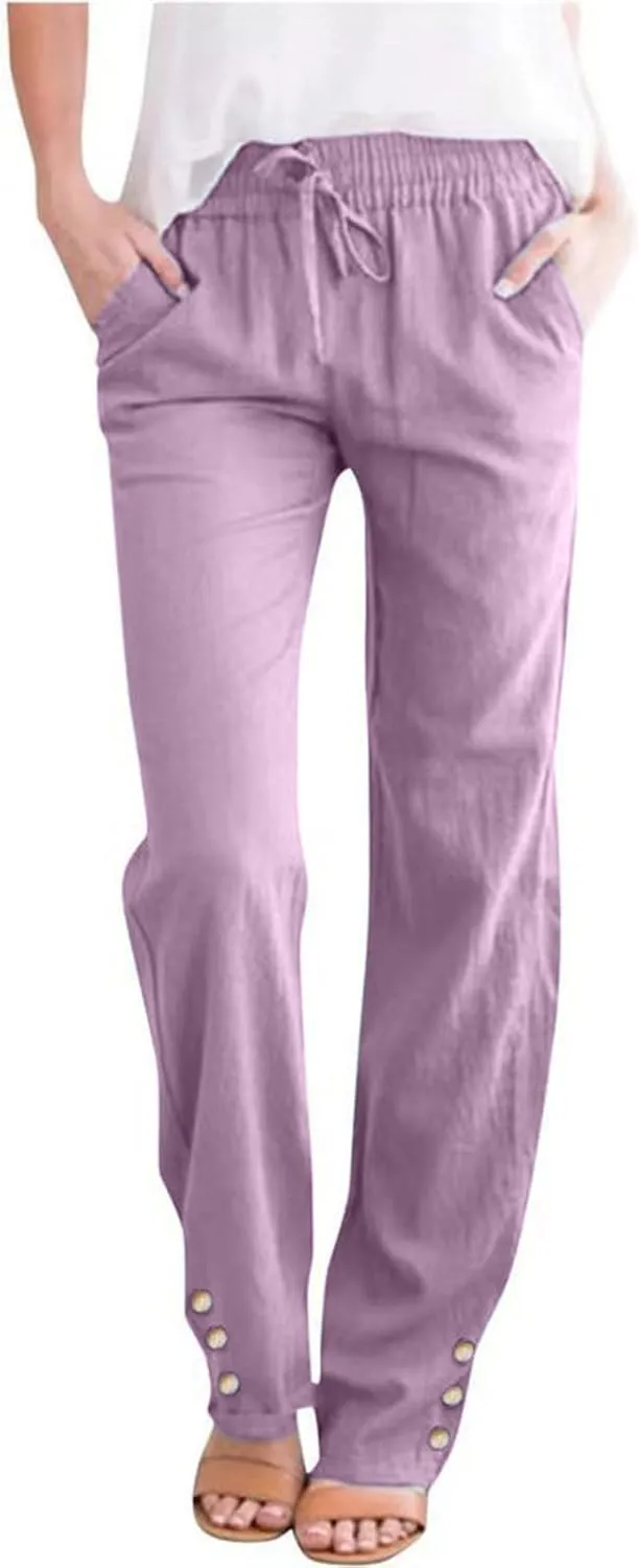 Linen Pants for Women Solid Elastic Pants Long Drawstring Linen Women Waist Summer Vacation High Waist Wide Leg