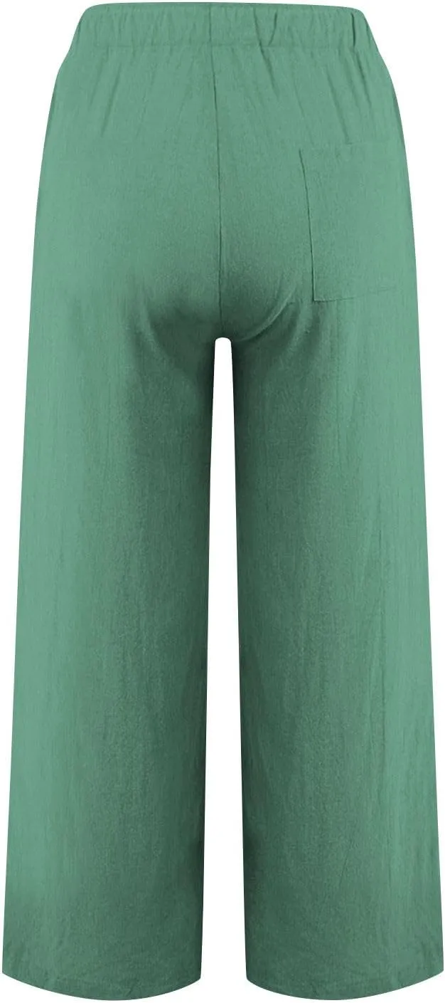 Linen Pants for Women Summer Wide Leg Casual Beach Trousers High Waisted Drawstring Palazzo Lounge Pants with Pockets