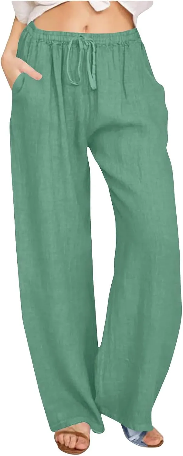 Linen Pants for Women Summer Wide Leg Casual Beach Trousers High Waisted Drawstring Palazzo Lounge Pants with Pockets