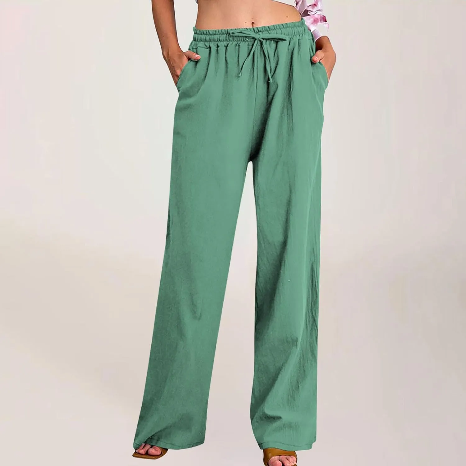 Linen Pants for Women Summer Wide Leg Casual Beach Trousers High Waisted Drawstring Palazzo Lounge Pants with Pockets