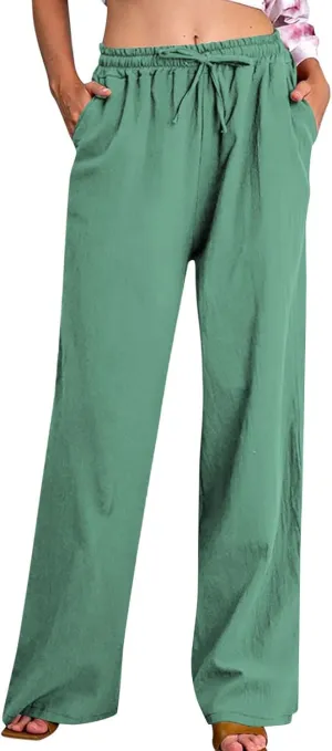 Linen Pants for Women Summer Wide Leg Casual Beach Trousers High Waisted Drawstring Palazzo Lounge Pants with Pockets