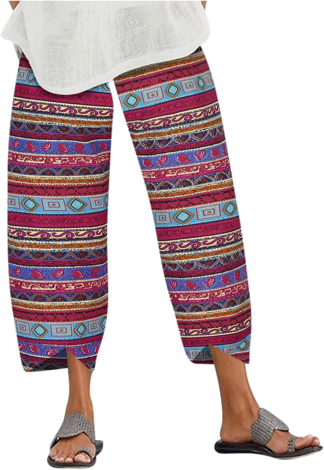 Linen Pants Women Casual Summer Cotton Cropped Tulip Pants Baggy Elastic Waisted Lounge Pants Trousers with Pockets