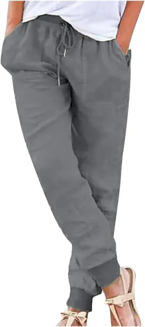 Linen Pants Women Drawstring Tapered Leg Petite Pants Elastic Waist Jogger Baggy Summer Palazzo Trousers with Pockets
