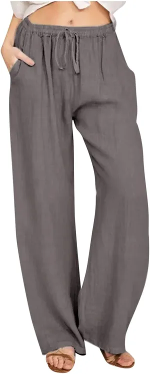 Linen Pants Women Summer Wide Leg Linen Pants Drawstring Elastic Waist Pants Casual Loose Fit Work Pants Linen Trouser
