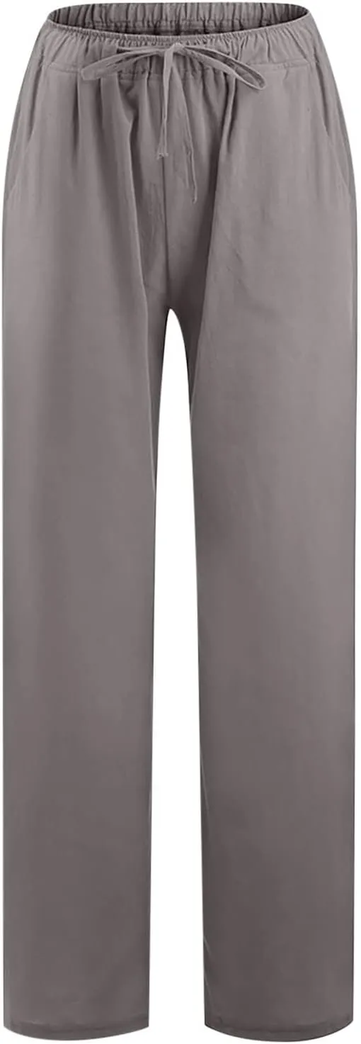 Linen Pants Women Summer Wide Leg Linen Pants Drawstring Elastic Waist Pants Casual Loose Fit Work Pants Linen Trouser