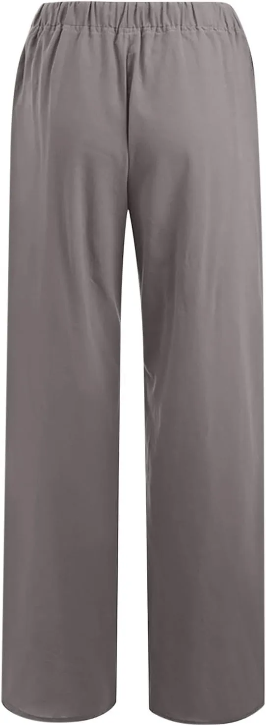 Linen Pants Women Summer Wide Leg Linen Pants Drawstring Elastic Waist Pants Casual Loose Fit Work Pants Linen Trouser