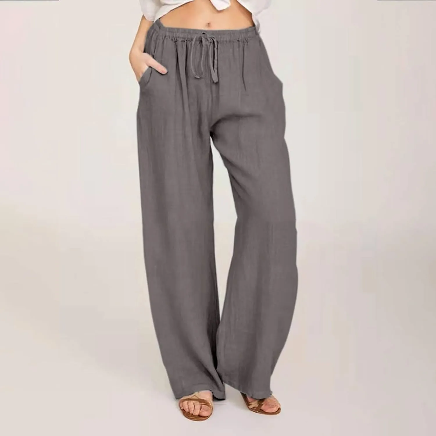 Linen Pants Women Summer Wide Leg Linen Pants Drawstring Elastic Waist Pants Casual Loose Fit Work Pants Linen Trouser