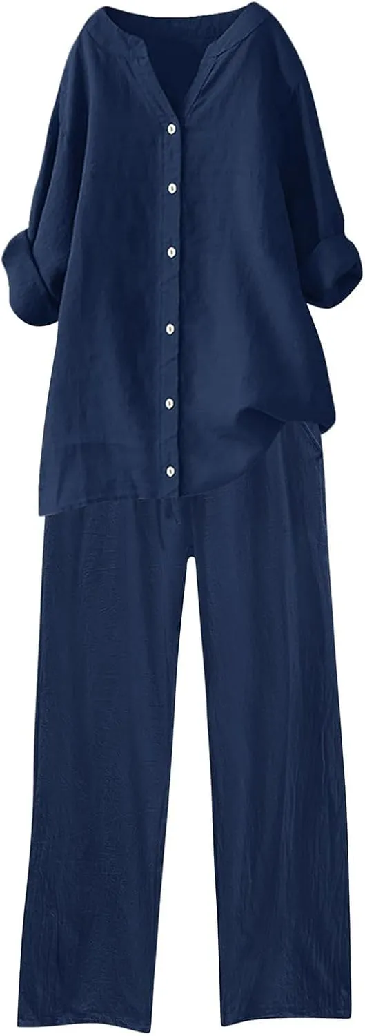 Linen Set For Women 2 Piece Summer Outfits Plus Size Short Sleeve Graphic Tees Capri Pants Lounge Matching Sets