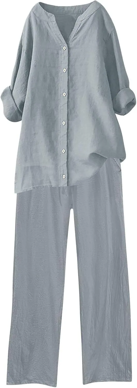 Linen Set For Women 2 Piece Summer Outfits Plus Size Short Sleeve Graphic Tees Capri Pants Lounge Matching Sets