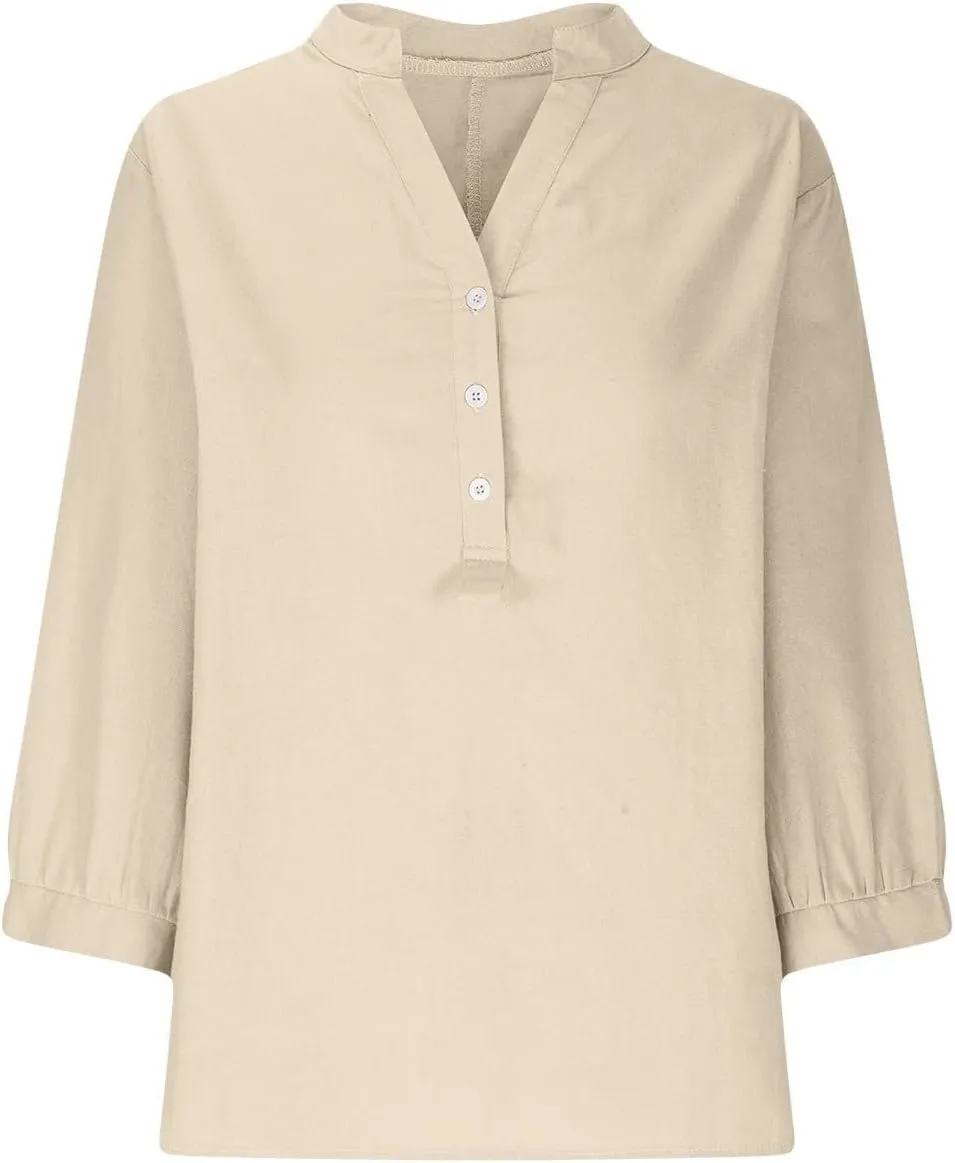 Linen Shirts for Women 3/4 Sleeve V Neck Blouses Buttons Plus Size Loose Fit T-Shirts Solid Color Summer Holiday Tops