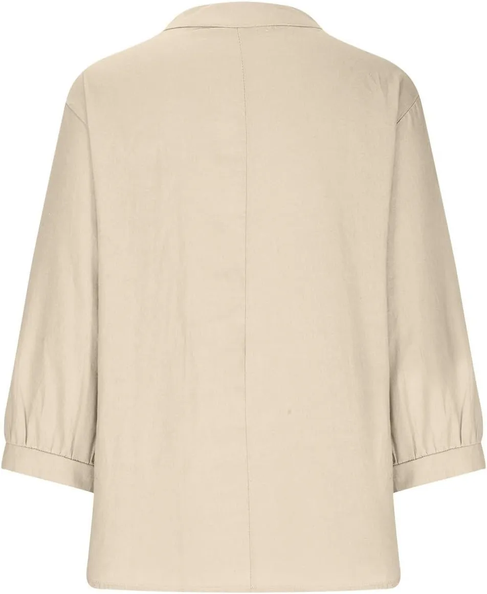 Linen Shirts for Women 3/4 Sleeve V Neck Blouses Buttons Plus Size Loose Fit T-Shirts Solid Color Summer Holiday Tops