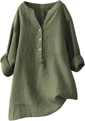 Linen Shirts for Women 3/4 Sleeve V Neck Blouses Buttons Plus Size Loose Fit T-Shirts Solid Color Summer Holiday Tops