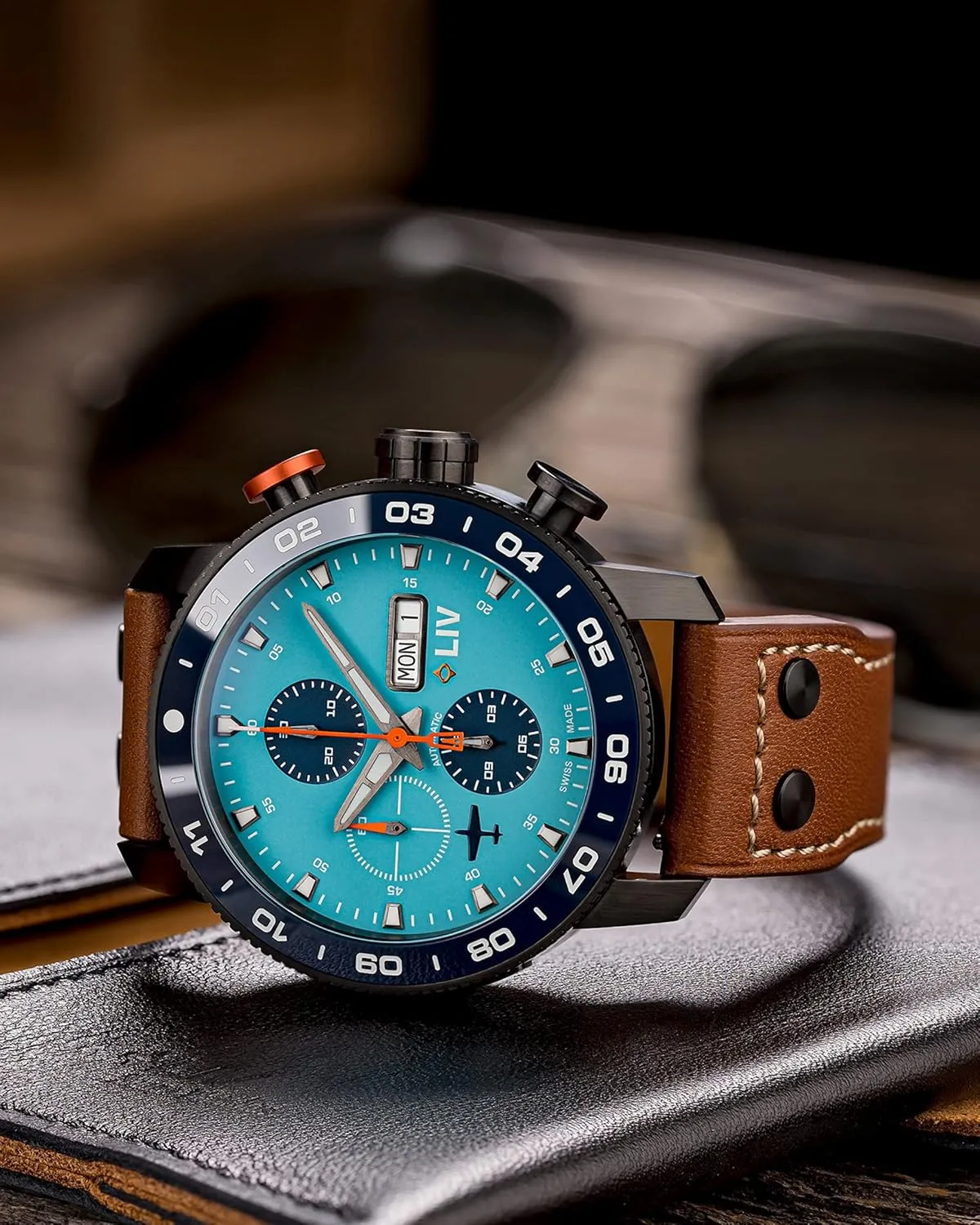 LIV P-51 Titanium 46MM Swiss Automatic Day-Date Chrono Men's Watch - Unidirectional Ceramic Bezel- High-Grade Titanium Case - Sapphire Crystal