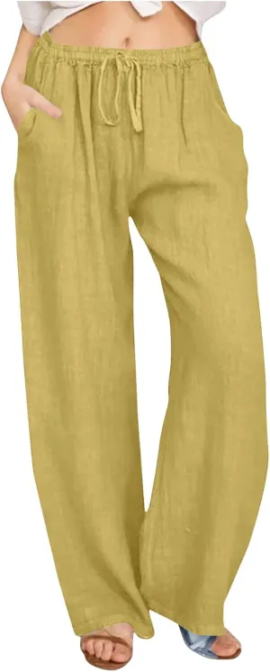 Lmdudan 2025 Womens Casual Linen High Waist Pants Drawstring Loose Fit Summer Pants Comfy Dressy Trousers with Pockets