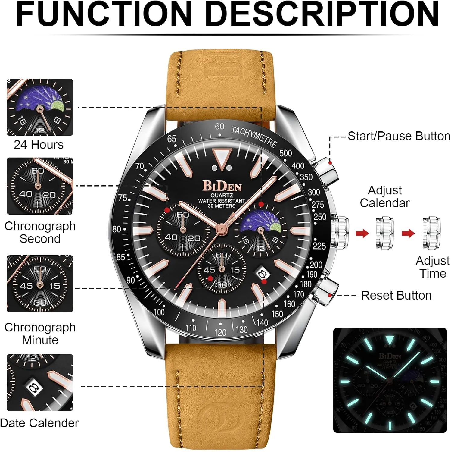 LN LENQIN Mens Watches Leather Watch Analog Quartz Watch for Men Luminous Luxury Fashion Business Casual 30M Waterproof Men's Wrist Watches with Date