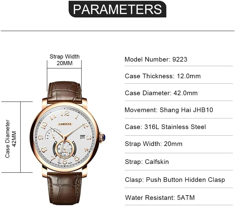 LOBINNI Men Luxury Watch 40MM Fashion Automatic Mechanical Wristwatch 50ATM Sapphire Week Date 24 Hours Leather Strap Butterfly Clasp