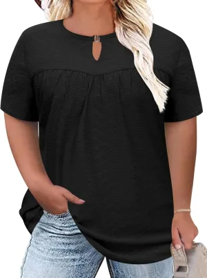 LOMON Womens Plus Size Tops Short Sleeve Shirts V Neck Pleated Keyhole Blouse Summer Casual Loose Tunic Tee 1X-5X