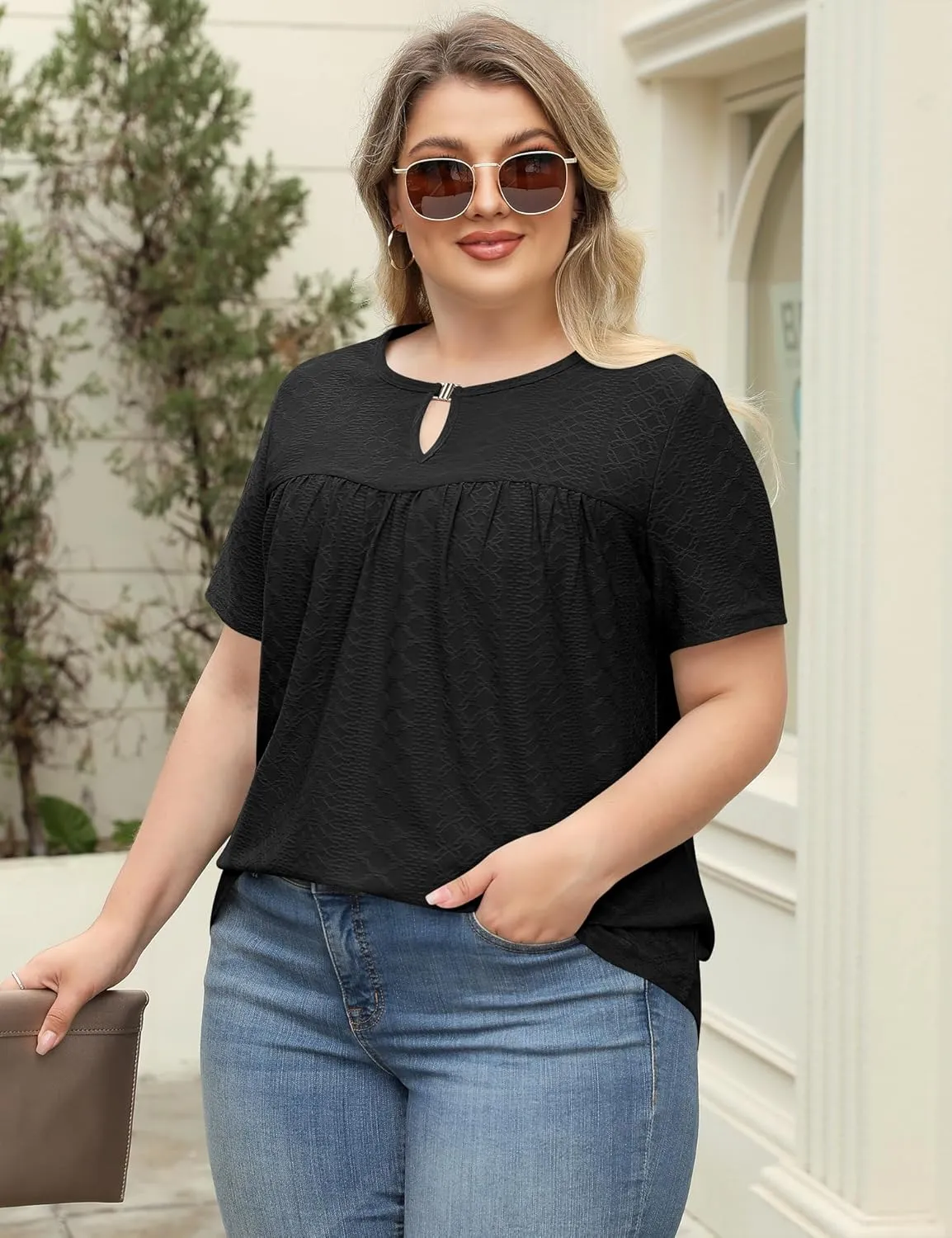 LOMON Womens Plus Size Tops Short Sleeve Shirts V Neck Pleated Keyhole Blouse Summer Casual Loose Tunic Tee 1X-5X