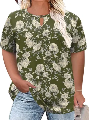 LOMON Womens Plus Size Tops Short Sleeve Shirts V Neck Pleated Keyhole Blouse Summer Casual Loose Tunic Tee 1X-5X
