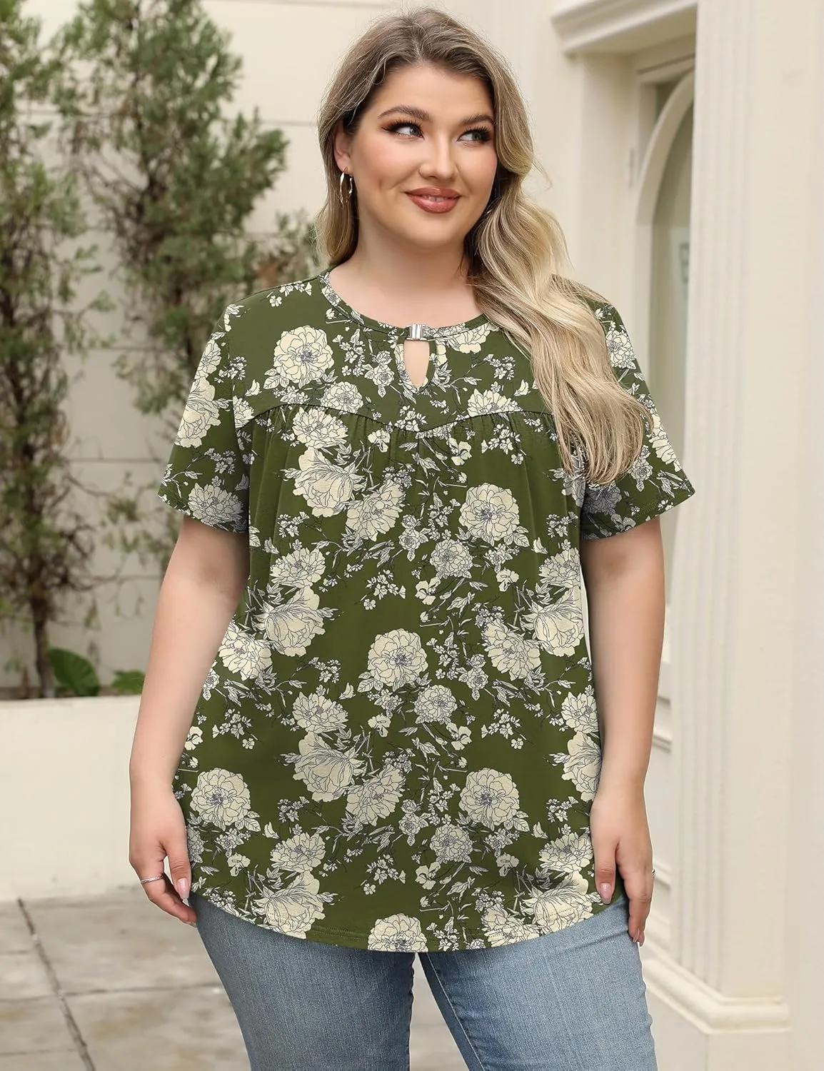 LOMON Womens Plus Size Tops Short Sleeve Shirts V Neck Pleated Keyhole Blouse Summer Casual Loose Tunic Tee 1X-5X