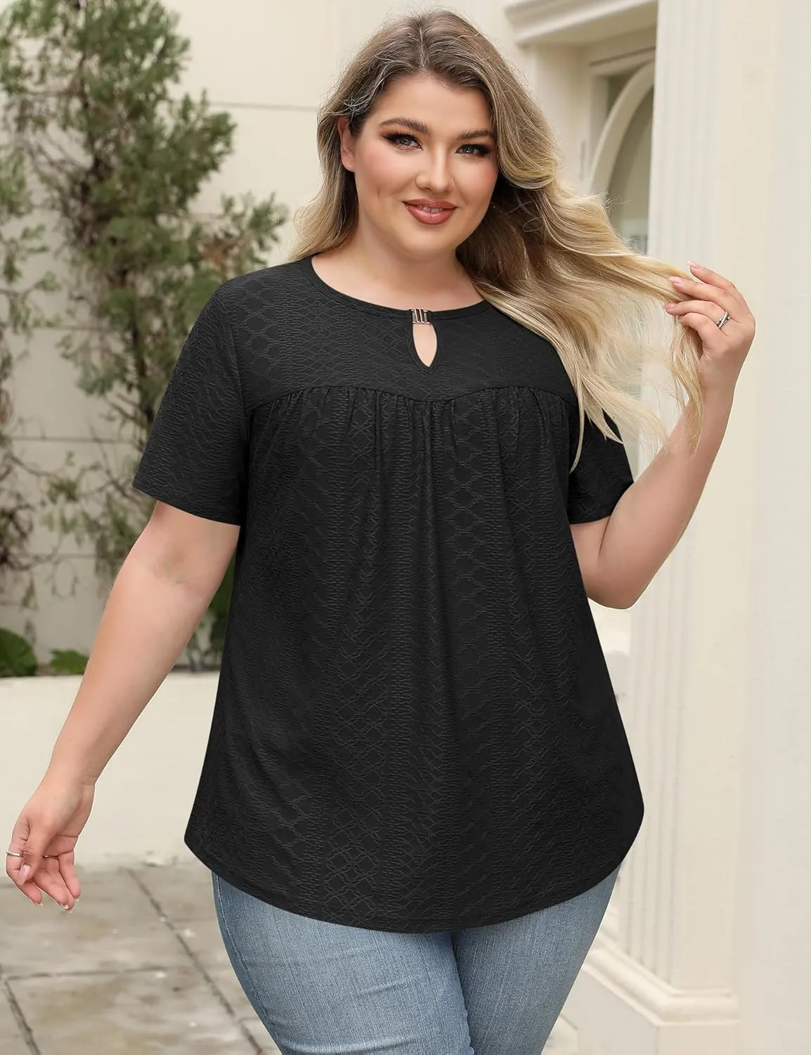 LOMON Womens Plus Size Tops Short Sleeve Shirts V Neck Pleated Keyhole Blouse Summer Casual Loose Tunic Tee 1X-5X