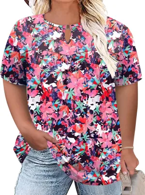 LOMON Womens Plus Size Tops Short Sleeve Shirts V Neck Pleated Keyhole Blouse Summer Casual Loose Tunic Tee 1X-5X