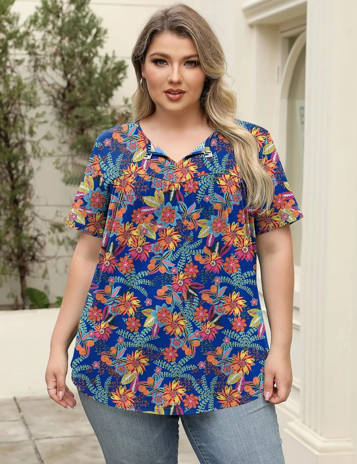 LOMON Womens Plus Size Tops Short Sleeve Shirts V Neck Pleated Keyhole Blouse Summer Casual Loose Tunic Tee 1X-5X