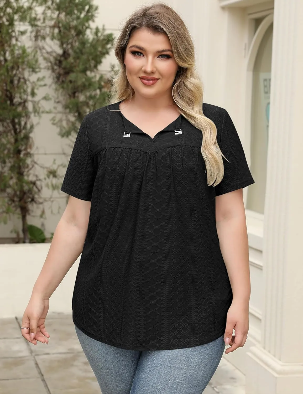 LOMON Womens Plus Size Tops Short Sleeve Shirts V Neck Pleated Keyhole Blouse Summer Casual Loose Tunic Tee 1X-5X