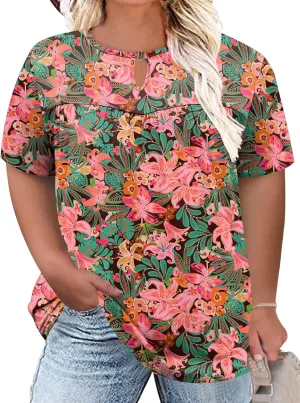 LOMON Womens Plus Size Tops Short Sleeve Shirts V Neck Pleated Keyhole Blouse Summer Casual Loose Tunic Tee 1X-5X