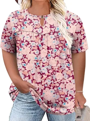LOMON Womens Plus Size Tops Short Sleeve Shirts V Neck Pleated Keyhole Blouse Summer Casual Loose Tunic Tee 1X-5X