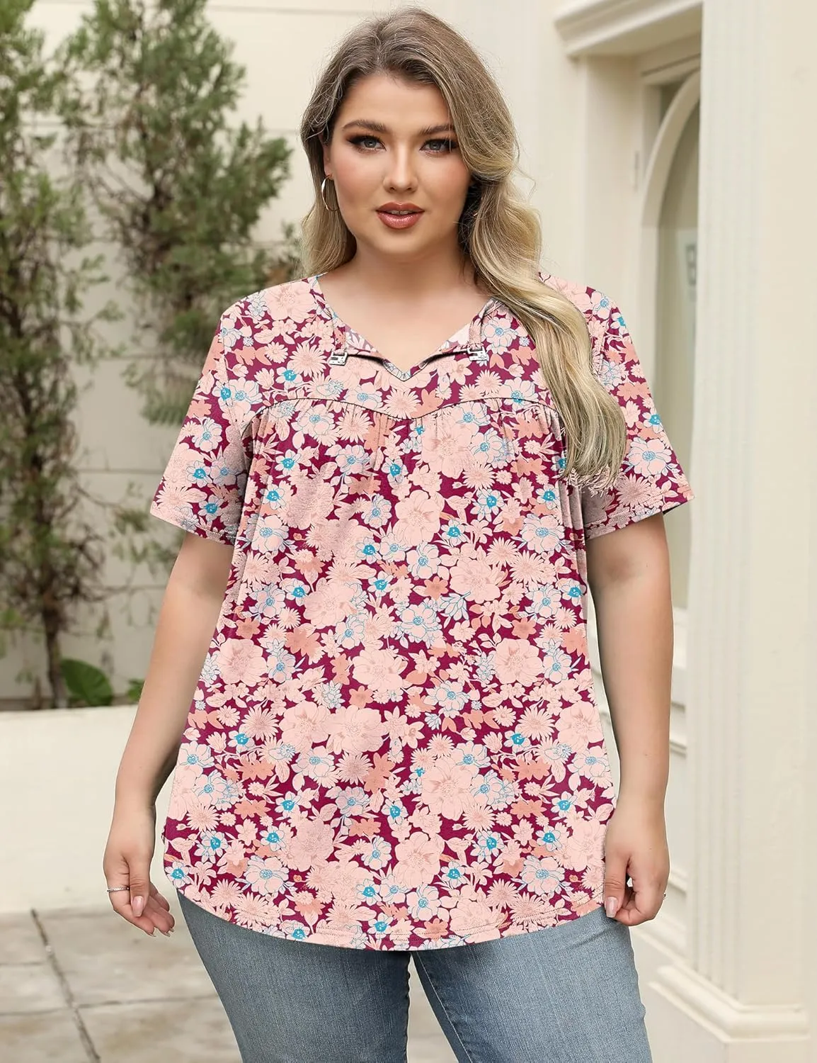 LOMON Womens Plus Size Tops Short Sleeve Shirts V Neck Pleated Keyhole Blouse Summer Casual Loose Tunic Tee 1X-5X