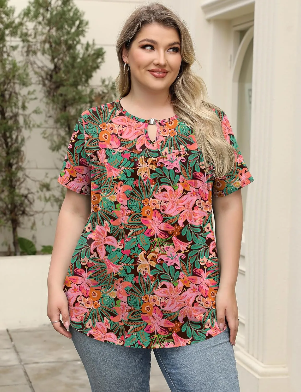 LOMON Womens Plus Size Tops Short Sleeve Shirts V Neck Pleated Keyhole Blouse Summer Casual Loose Tunic Tee 1X-5X