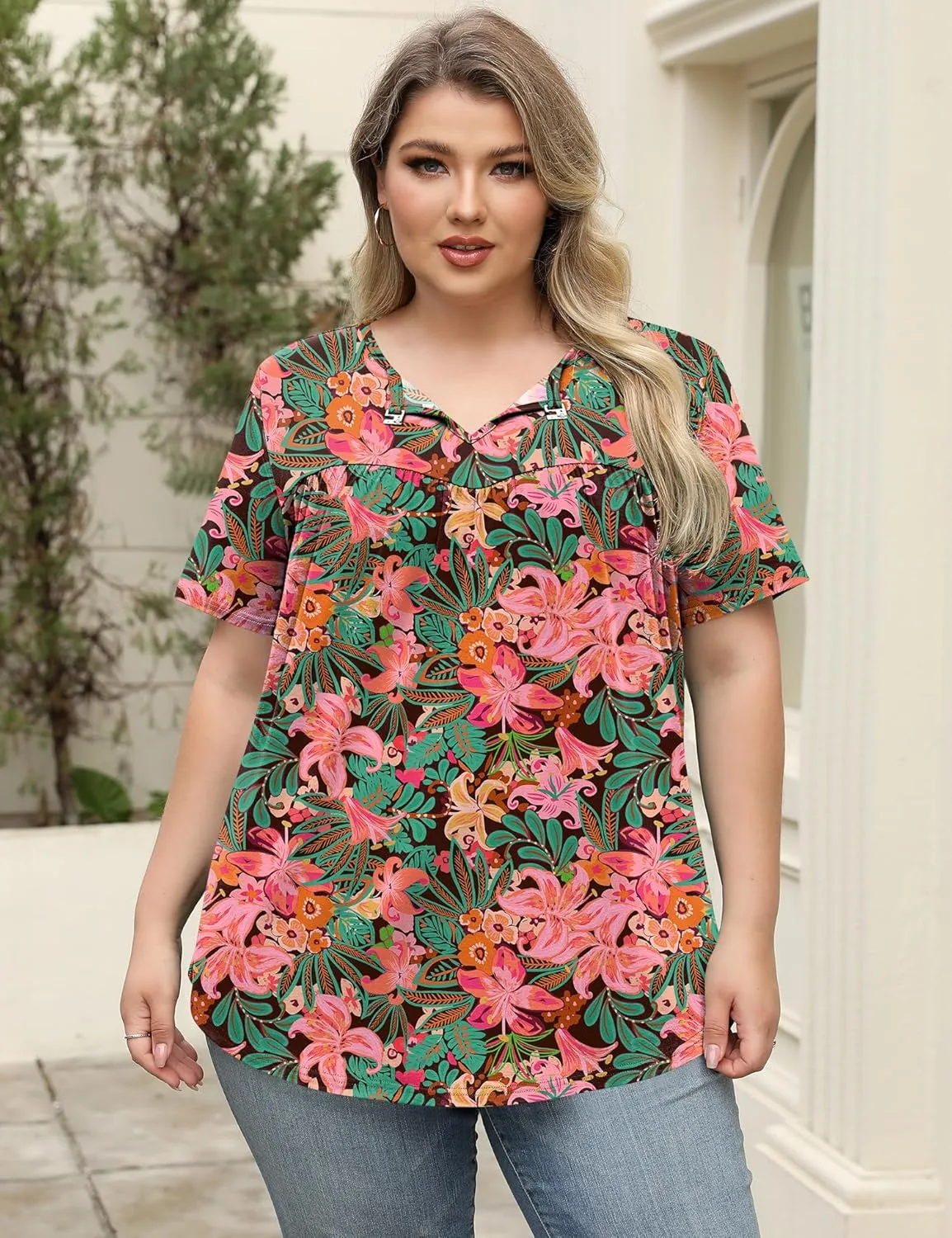 LOMON Womens Plus Size Tops Short Sleeve Shirts V Neck Pleated Keyhole Blouse Summer Casual Loose Tunic Tee 1X-5X