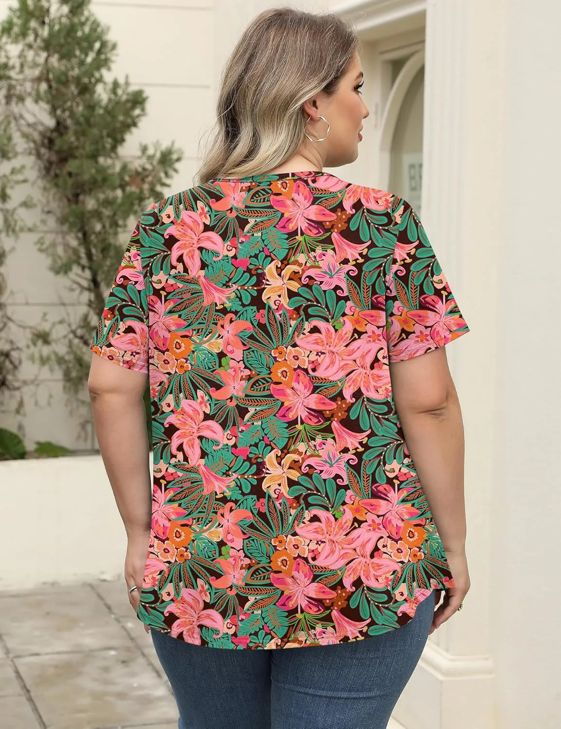 LOMON Womens Plus Size Tops Short Sleeve Shirts V Neck Pleated Keyhole Blouse Summer Casual Loose Tunic Tee 1X-5X