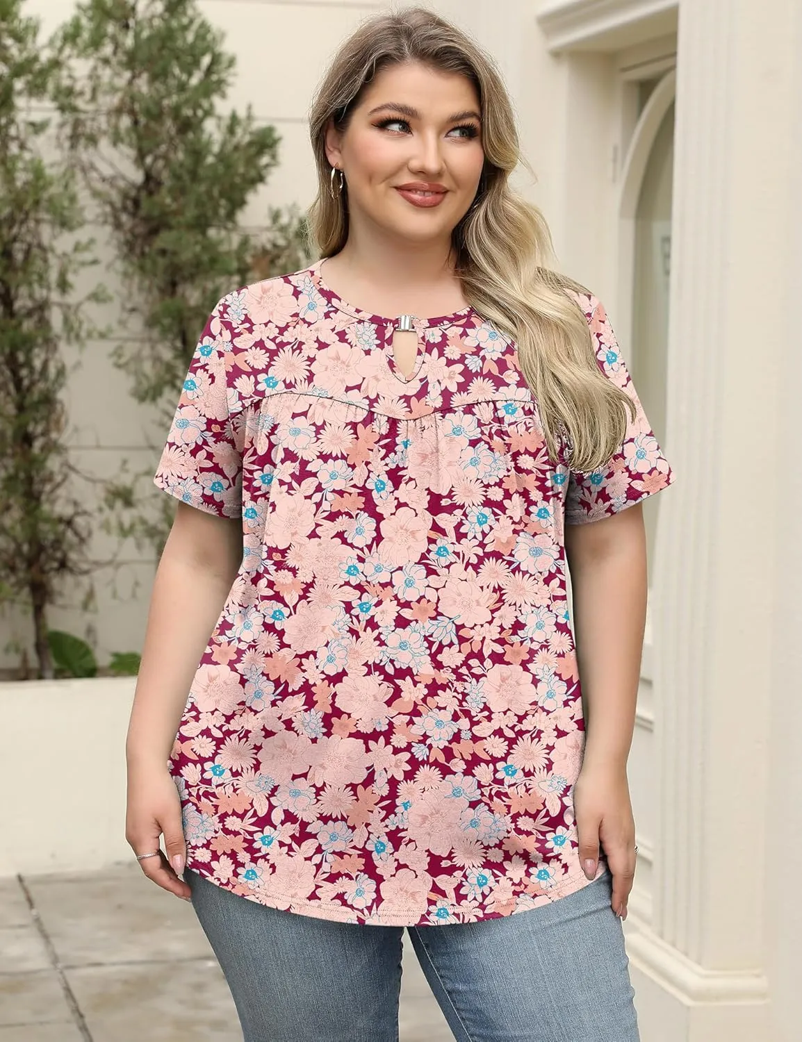 LOMON Womens Plus Size Tops Short Sleeve Shirts V Neck Pleated Keyhole Blouse Summer Casual Loose Tunic Tee 1X-5X