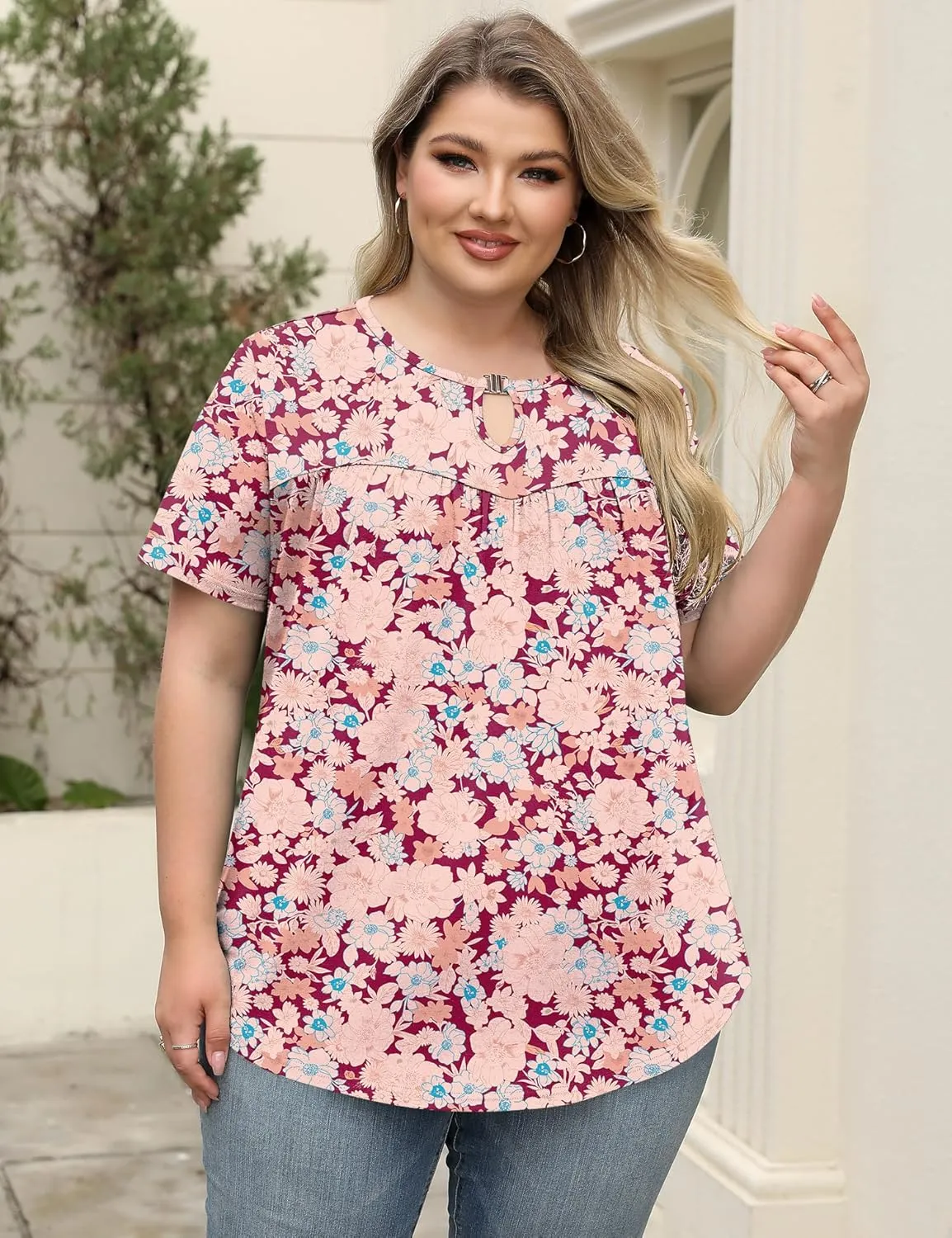 LOMON Womens Plus Size Tops Short Sleeve Shirts V Neck Pleated Keyhole Blouse Summer Casual Loose Tunic Tee 1X-5X